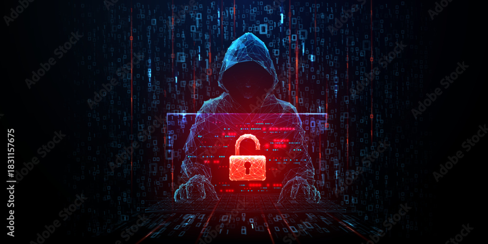 Naklejka premium Cyber security threat concept with hacker silhouette in low poly style. Glowing red lock icon on dark digital background symbolizes online fraud and cyber attack danger. Vector illustration