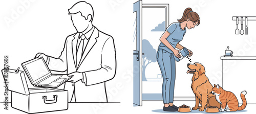 Diptych Illustration Contrasting Business Work and Home Pet Care Routines