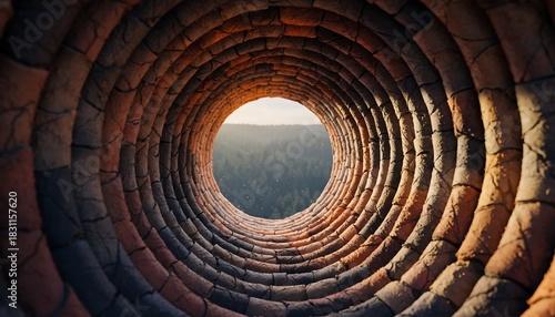 View looking up through a circular brick kiln tunnel towards a bright opening revealing a distant forest landscape under a pale sky, creating a strong sense of depth and perspective.