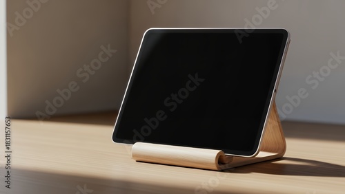 Tablet device on a wooden stand with a blank screen