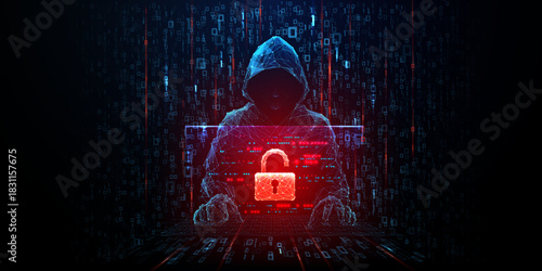 Cyber security threat concept with hacker silhouette in low poly style. Glowing red lock icon on dark digital background symbolizes online fraud and cyber attack danger. Vector illustration 