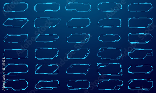 Modern HUD interface with digital tech frames and glowing blue callouts. Futuristic UI elements for cyberpunk dashboard design with data panels and holographic bars. Digital vector illustration.