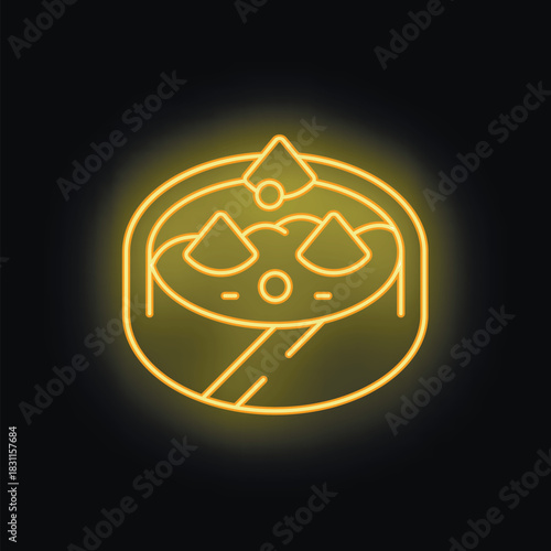 Yellow neon sign showing a sushi with wasabi on dark background