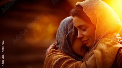 Visitation: Mary and Elizabeth embrace, joy between mothers, hill country home glow, promise fulfilled, with copy space