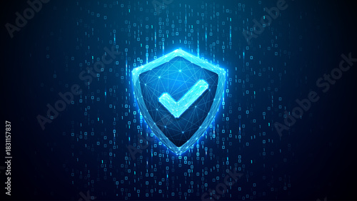 Cyber security background. Digital shield icon protecting cyber data with futuristic 3D technology design. Blue network security concept for safe information systems and data protection solutions. 