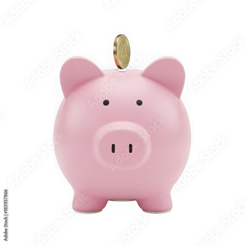 Pink piggy bank with a gold coin being inserted into the slot isolated on a transparent background
