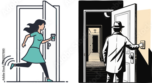 Minimalist Vector and Graphic Noir Illustrations of Figures and Doorways