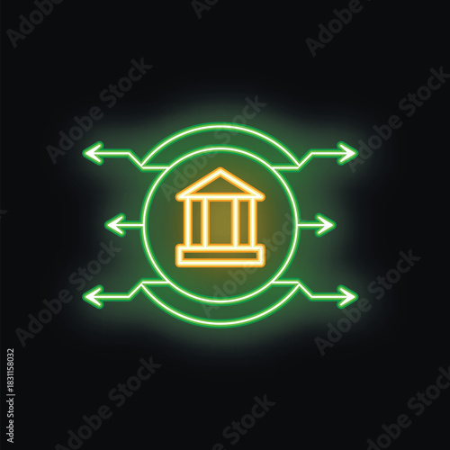 Glowing neon icon of a bank building surrounded by arrows pointing at it, symbolizing its importance in finance and economy