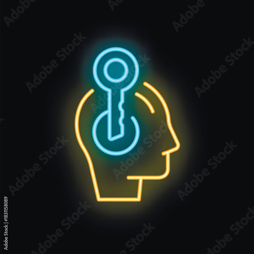 Neon sign illustrating the concept of problem solving with a keyhole inside a human head