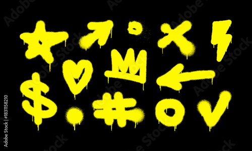 Simple spray graffiti, dirty style with dripping paint. Acid neon yellow color. Street art, urban wall aerosol elements. Graffiti art with effect spray - Heart, arrows, star, crown and others. Vector