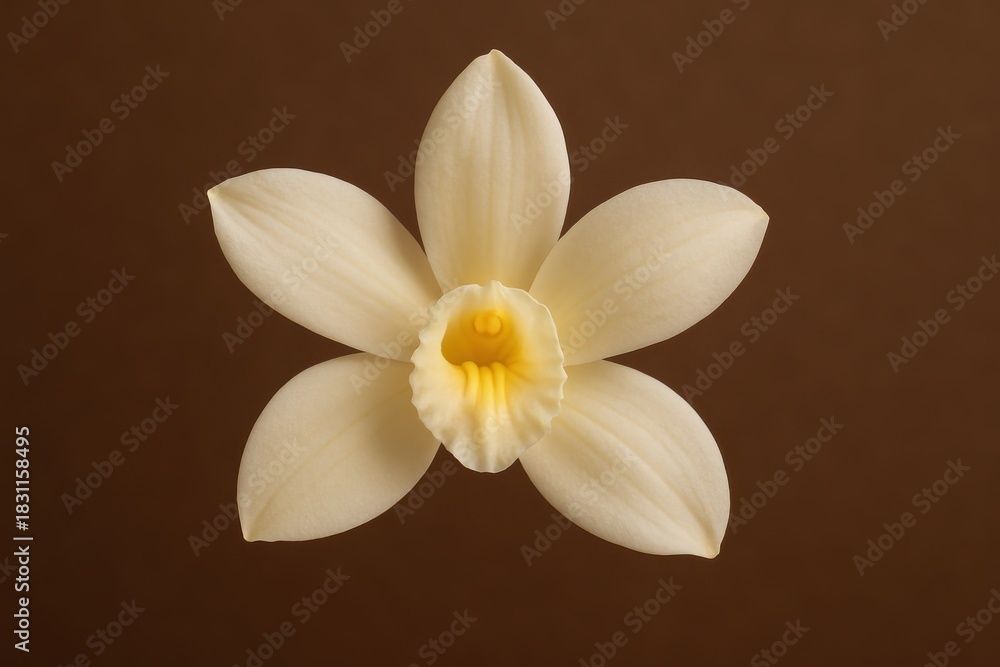 Naklejka premium Vanilla Orchid in Bloom: A close-up shot of a delicate vanilla orchid blossom against a warm brown backdrop.