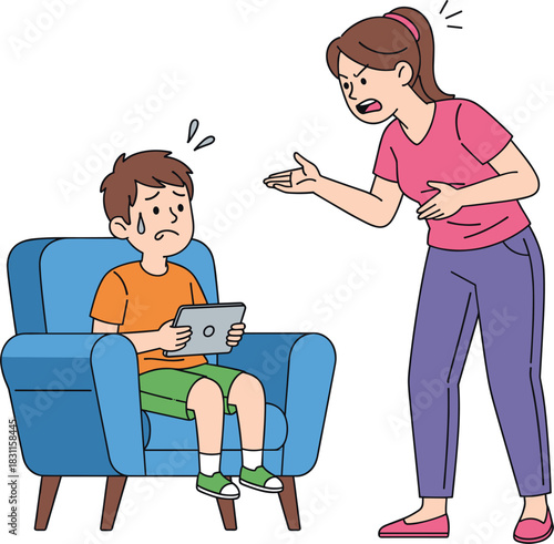 Angry Mother Scolding Her Crying Son Who is Sitting and Playing Video Games on a Digital Tablet Device.