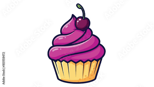 Delicious pink cupcake with a cherry on top sweet dessert treat.