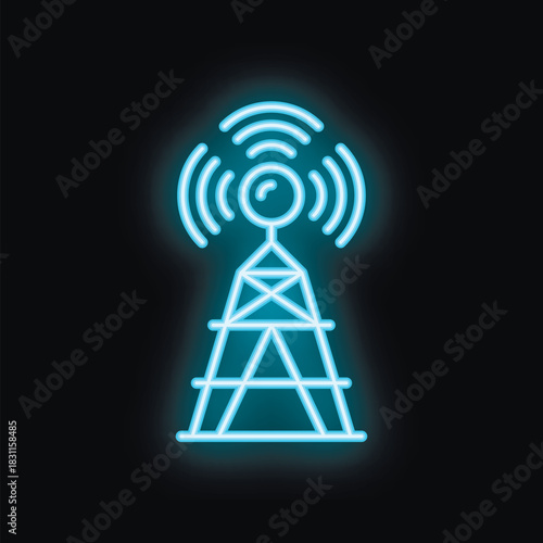 Blue neon icon of a telecommunication tower transmitting signals on a black background