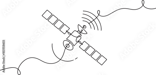 Continuous line drawing of an outer space satellite, showing simple orbit communication. Minimal outline style. one line Icon drawing