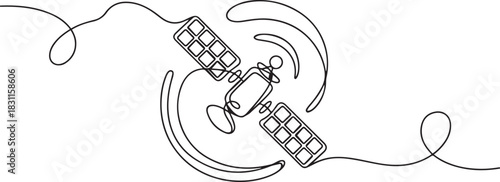 Continuous line drawing of an outer space satellite, showing simple orbit communication. Minimal outline style. one line Icon drawing