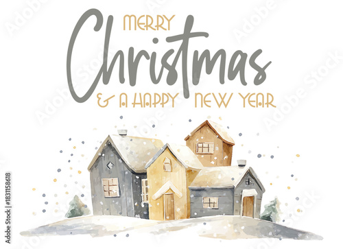 christmas card with winter village houses and Merry Christmas text, cozy watercolor illustration, vector template for web and social media banner