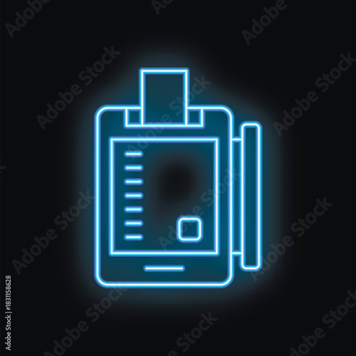 Blue neon icon of a pos terminal accepting a contactless payment on black background