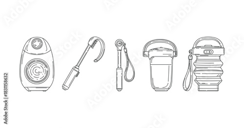 Line art of portable speaker, selfie stick, retractable cup holder, foldable lantern