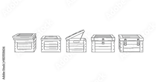 Set of five wooden crate designs with diverse lids and locks