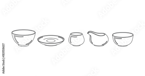 Outline drawing of five ceramic dishware pieces in minimalist style