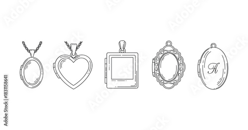 Set of five intricate locket designs including heart and oval shapes