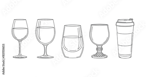 Line art of various drinkware including wine, whiskey, and coffee glasses