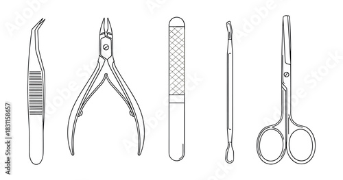 Line art illustration of nail care tools scissors tweezers clipper file