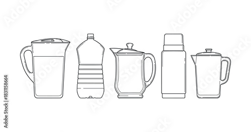 Line art illustration of various drink containers including pitchers and bottles