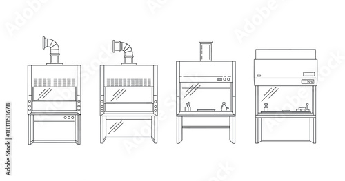 Laboratory fume hoods and cabinets outlined with equipment