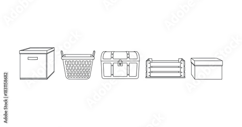 Diverse storage solutions: boxes, baskets, chests, crates illustrated