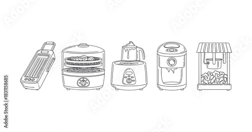Line art of kitchen appliances including grill, steamer, blender, toaster, popcorn maker