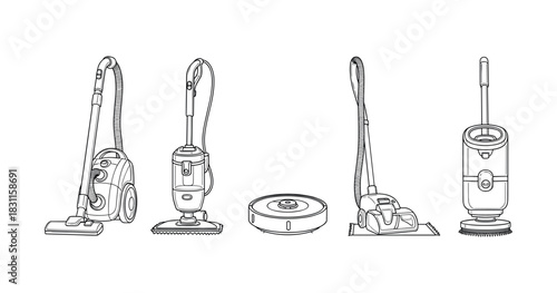 Variety of vacuum cleaners: canister, upright, robot, stick models in outline