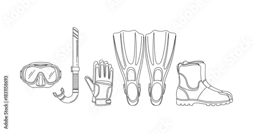 Black and white line art of diving equipment with snorkel, mask, fins, gloves, and boot