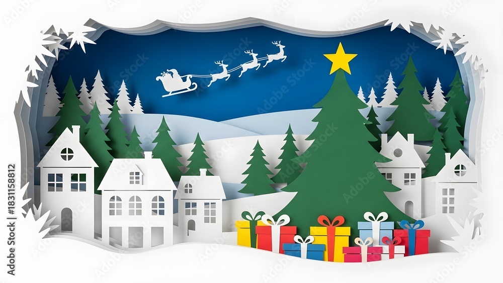 Fototapeta premium Magical Christmas Eve scene with Santa flying over a charming winter village landscape