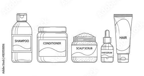 Set of hair care products: shampoo, conditioner, scalp scrub, serum, hair cream