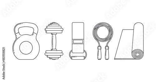 Minimalist outline of gym equipment: kettlebell, dumbbell, resistance band, jump rope, yoga mat