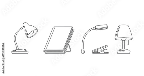 Black and white outline of modern table lamps and book for design concepts