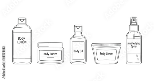 Assorted body care products: lotion, butter, oil, cream, spray - skincare essentials