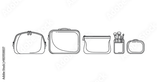 Set of simple line art cosmetic bags and makeup brushes