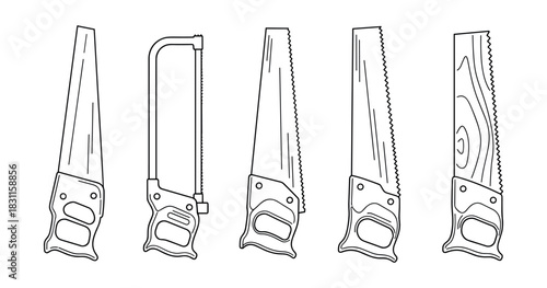 Various hand saws: line art of hacksaw, crosscut, rip, backsaw, and bow saw