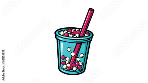 Hand drawn illustration of a refreshing bubble tea drink with tapioca pearls.