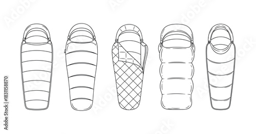 Illustration of five sleeping bag designs on white background