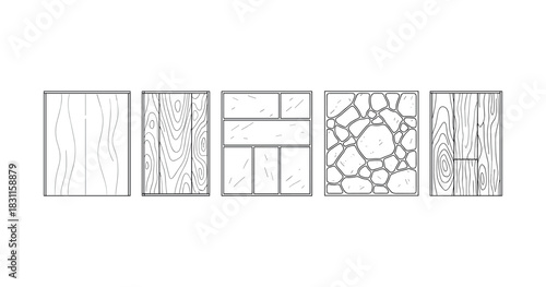 Black and white outline of wood and stone patterns in five squares