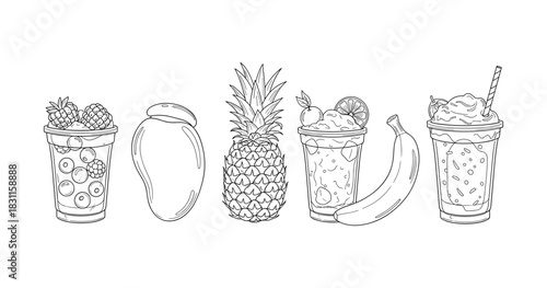 Fruit smoothie ingredients and drinks: berries, mango, pineapple, citrus, banana