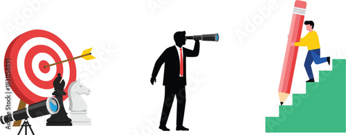 Business Strategy and Planning Vector Set Featuring a Target Chess Pieces Businessman Looking Through Telescope for Vision and a Person Climbing Stairs with a Giant Pencil for Success