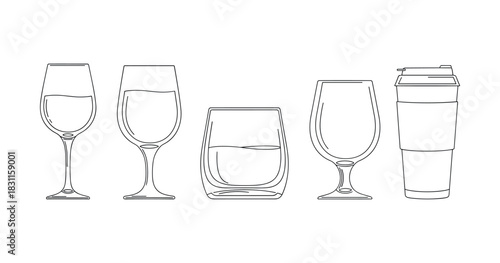 Line art of various drinking glasses and a coffee cup on white background