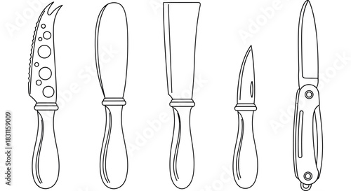 Line art of five distinct cheese knives with detailed handles