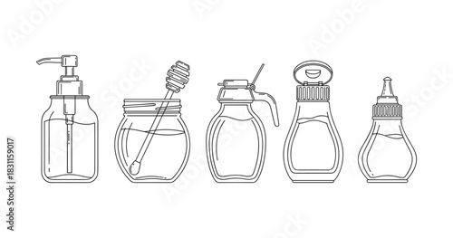Line drawing of various jars and bottles with different lids and dispensers