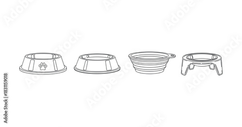 Line art illustrations of four distinct dog bowls in various shapes and styles